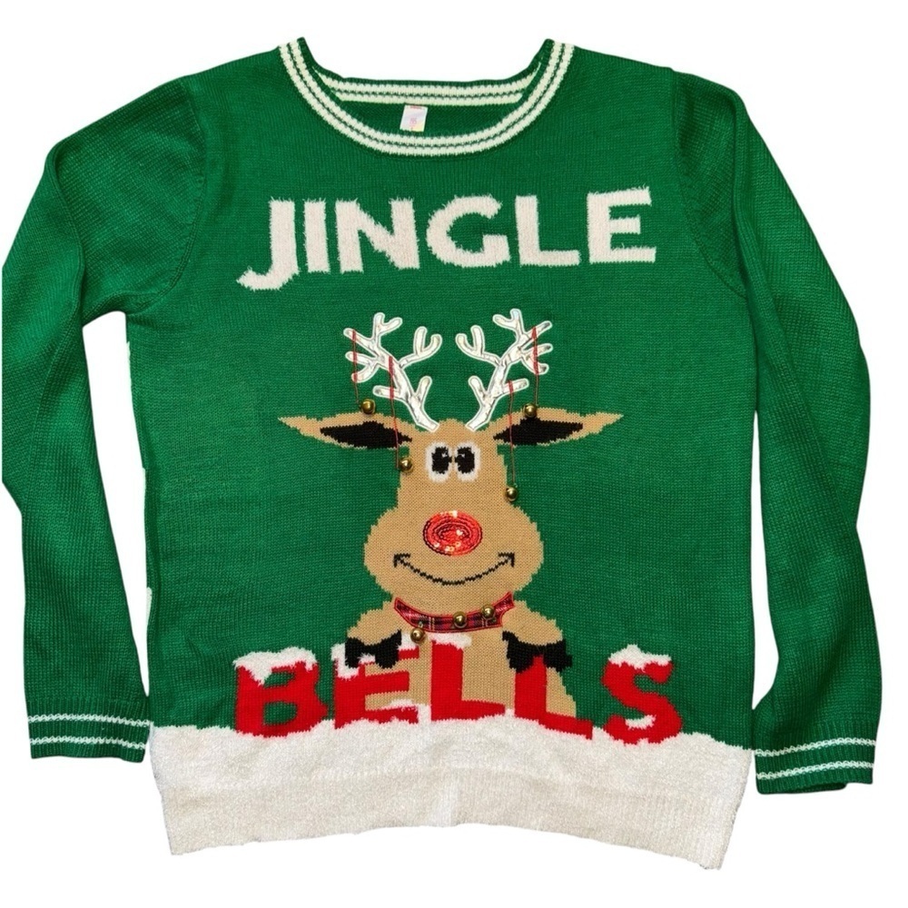 Ugly Christmas Sweater Girls Rudolph jingle bells size XL 15- 17